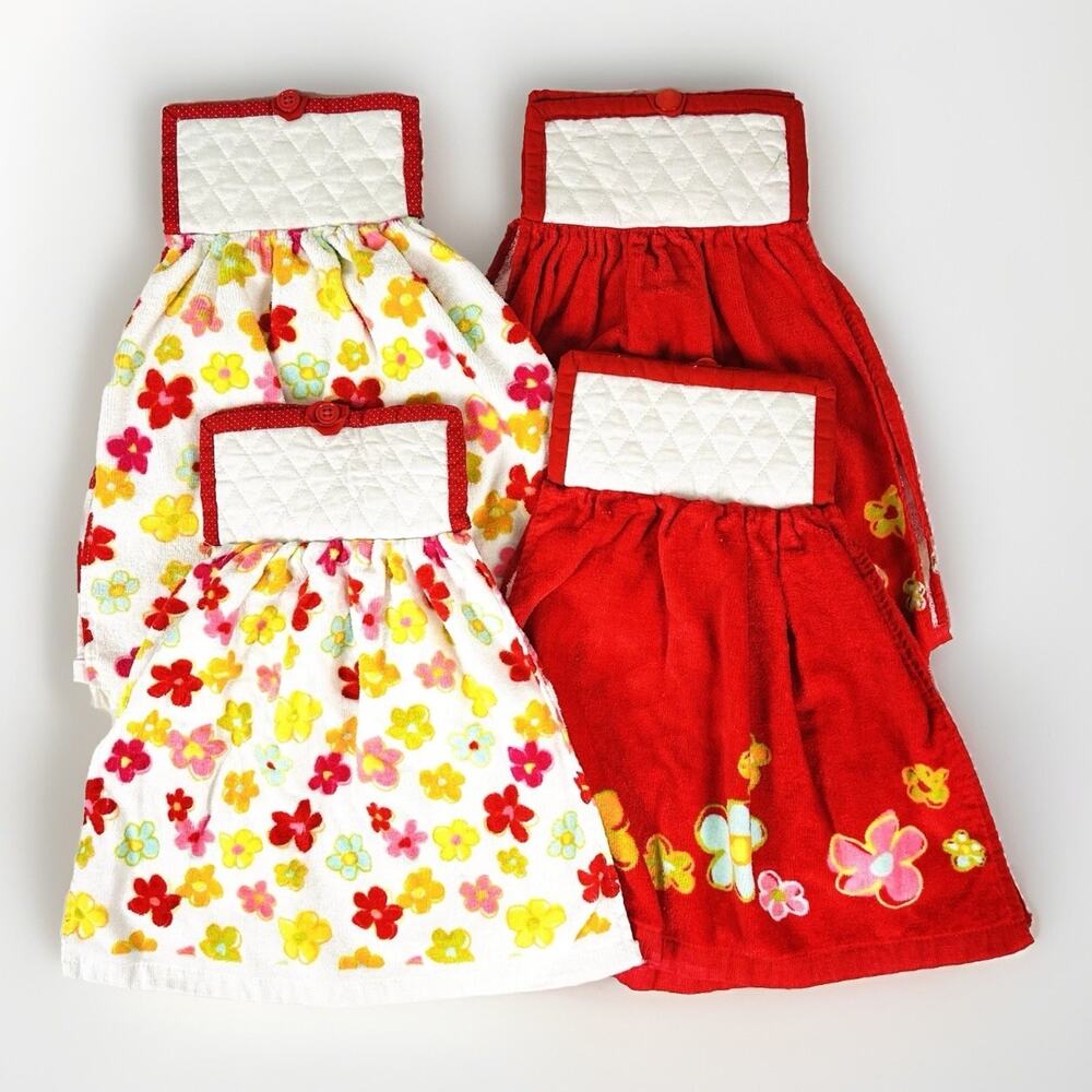4 Handmade Hanging Kitchen Towels w/ Buttoned Pot Holder Tops Floral Mod Groovy